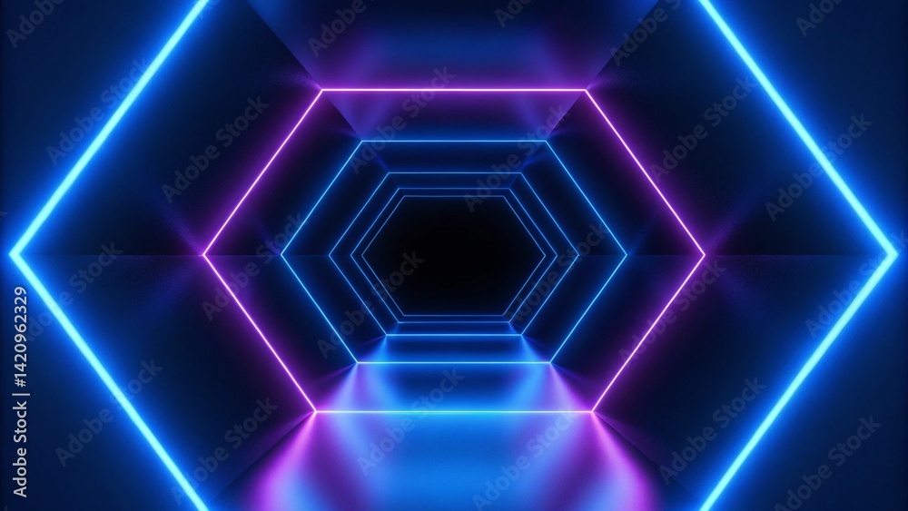 Poster 3d render, abstract violet blue neon background. Dark empty room with glowing floor. Empty ice arena. Futuristic digital scene with vibrant lights and reflections in a surreal cyber environment.