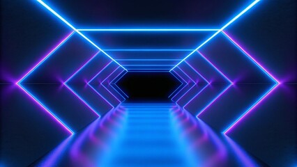 Fototapeta premium 3d render, abstract violet blue neon background. Dark empty room with glowing floor. Empty ice arena. Futuristic digital scene with vibrant lights and reflections in a surreal cyber environment.