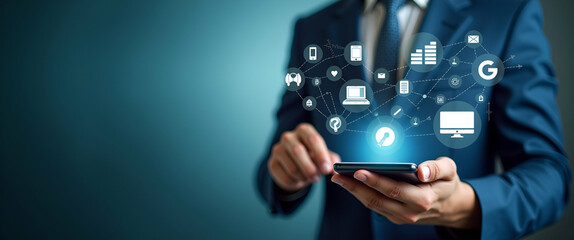 Photo realistic image of a person with a smartphone, surrounded by mobile marketing icons, symbolizing the concept of mobile marketing with ample blank space for text.