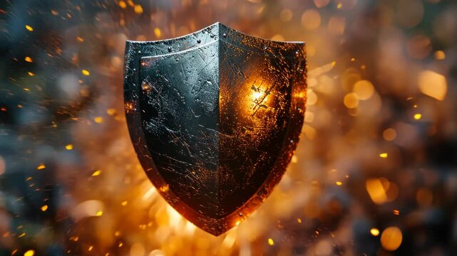 A weathered shield, standing strong amidst fiery sparks