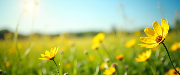 Fototapeta premium Traveler Wanders Through a Meadow of Yellow Flowers Under a Blue Sky - Embracing Nature's Serenity and Warmth in Springtime