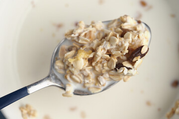 Bowl of oatmeal with milk and toppings on a spoon in a kitchen