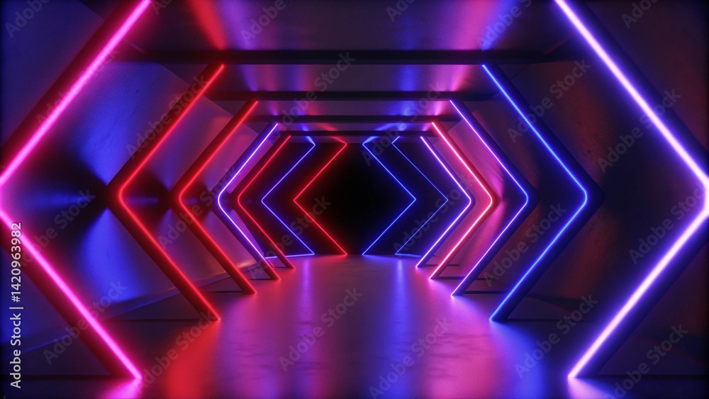 Poster 3d visualization. geometric figure in neon light against a dark tunnel. laser glow. futuristic abstr