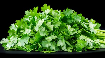 Obraz premium A bunch of fresh, green parsley with intricate leaf details, set against a stark, dark background