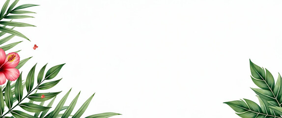 Obraz premium Lush Watercolor Tropical Leaves & Hibiscus Clipart: Perfect for Vibrant Adventure-Themed Nurseries with Colorful Life - Ideal Photo Stock Concept with Empty Space on the Left Side