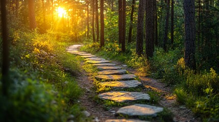 Fototapeta premium A stone path winding through a bright forest clearing texture background