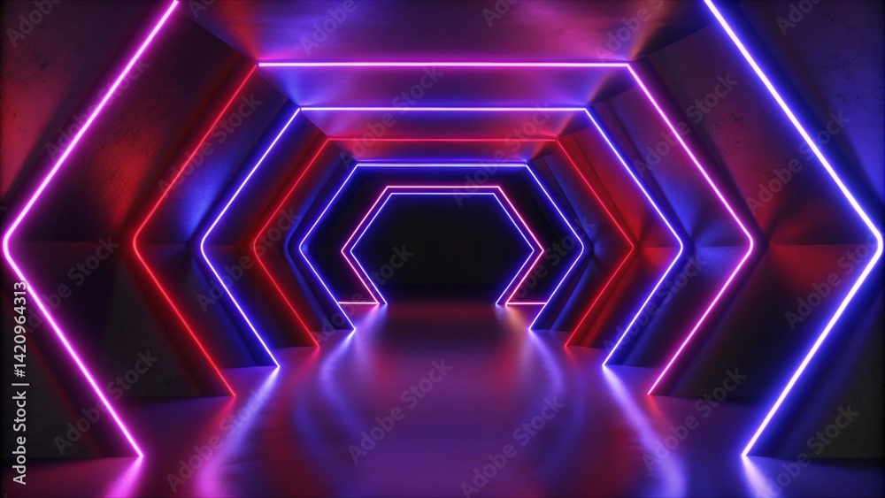 Aufkleber 3d visualization. geometric figure in neon light against a dark tunnel. laser glow. futuristic abstr