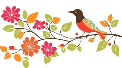 Colorful Bird Sitting on Floral Branch with Vibrant Flowers and Leaves