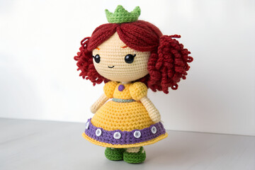 Handmade Crochet Doll with Red Hair and Crown – Craftsmanship in Yarn