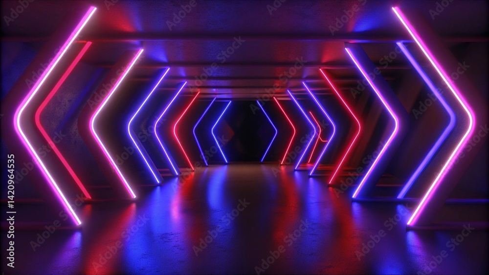 Aufkleber 3d Visualization. Geometric figure in neon light against a dark tunnel. Laser glow. Futuristic abstract background with vibrant colors, digital art concept and immersive lighting environment.