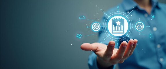 Hand holding holographic usability icon illustrating low code automation ease of use in empty space background concept as Hand presenting holographic usability icon representing ease of use in low cod