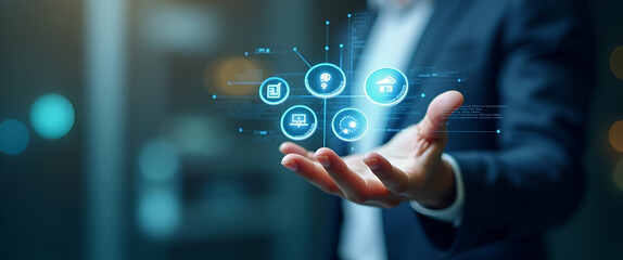 Fototapeta premium Hand Interacting with Holographic Cost Reduction Device Showcasing Quality, Speed, Efficiency, and Optimization Icons for Enhanced Business Performance in Empty Space