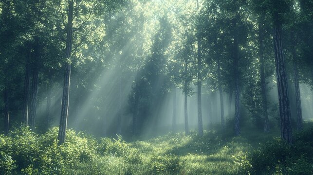 Sunlight filtering through tall pine trees in a quiet forest texture background