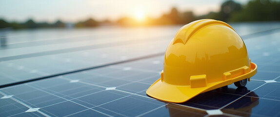 Yellow Safety Helmet on Solar Cell Panels: Emphasizing Safety in Renewable Energy - Stock Photo Concept with Empty Space for Customization