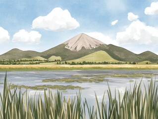Still mountain lake view with tall reeds  lily pads under a blue sky