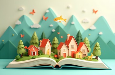 Whimsical Open Book Scene with Miniature Village and Dreamlike Paper-Cut Elements