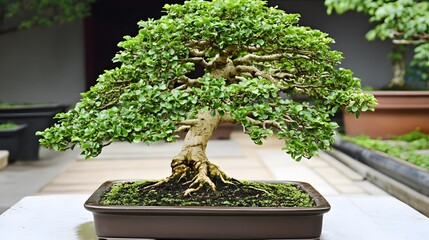 Lush Green Bonsai Tree in Brown Pot, Tranquil Zen Garden Plant