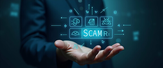 Hand Holding Holographic Scam Alert Device Displaying Fraud, Phishing, and Malware Icons: A Visual Representation of Online Threats and Data Protection in Cybersecurity