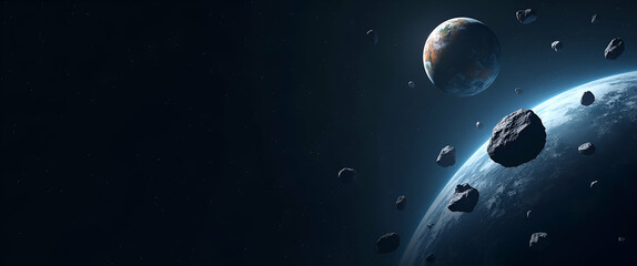Naklejka premium Sleek Planetary Defense Wallpaper Design: Innovative Asteroid Tracking & Impact Prevention Strategies with Contemporary Digital Accents and Expansive Empty Space for Cosmic Security Solutions