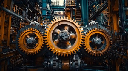 Close up view of industrial gear wheels in manufacturing plant
