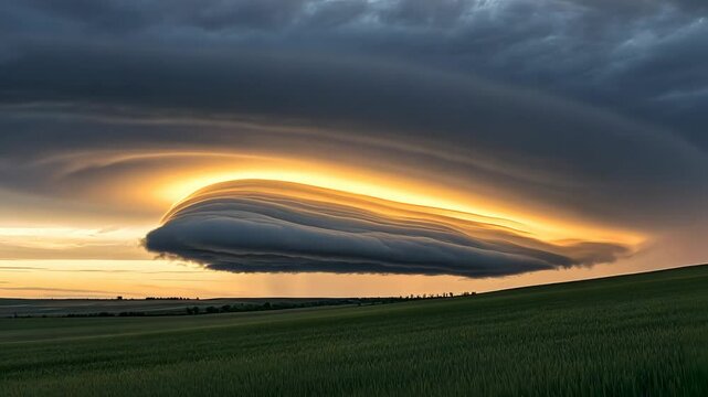 Majestic Shelf Cloud over Green Fields at Sunset