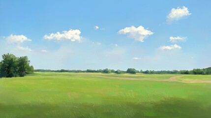 Obraz premium Summer Meadow Dream Blue skies grassy field and distant woods evoke a peaceful day