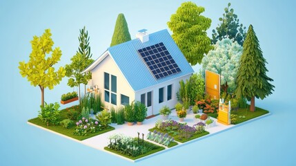 Bright isometric rooftop garden filled with green planters, clean energy house in low-poly field, blue background