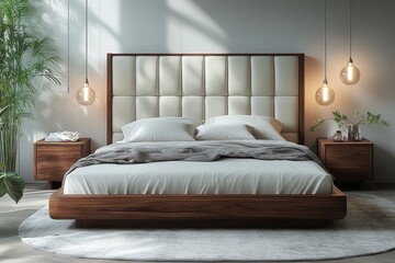 Modern cream leather bed with white wooden frame and nightstand in minimalist bedroom against white wall interior
