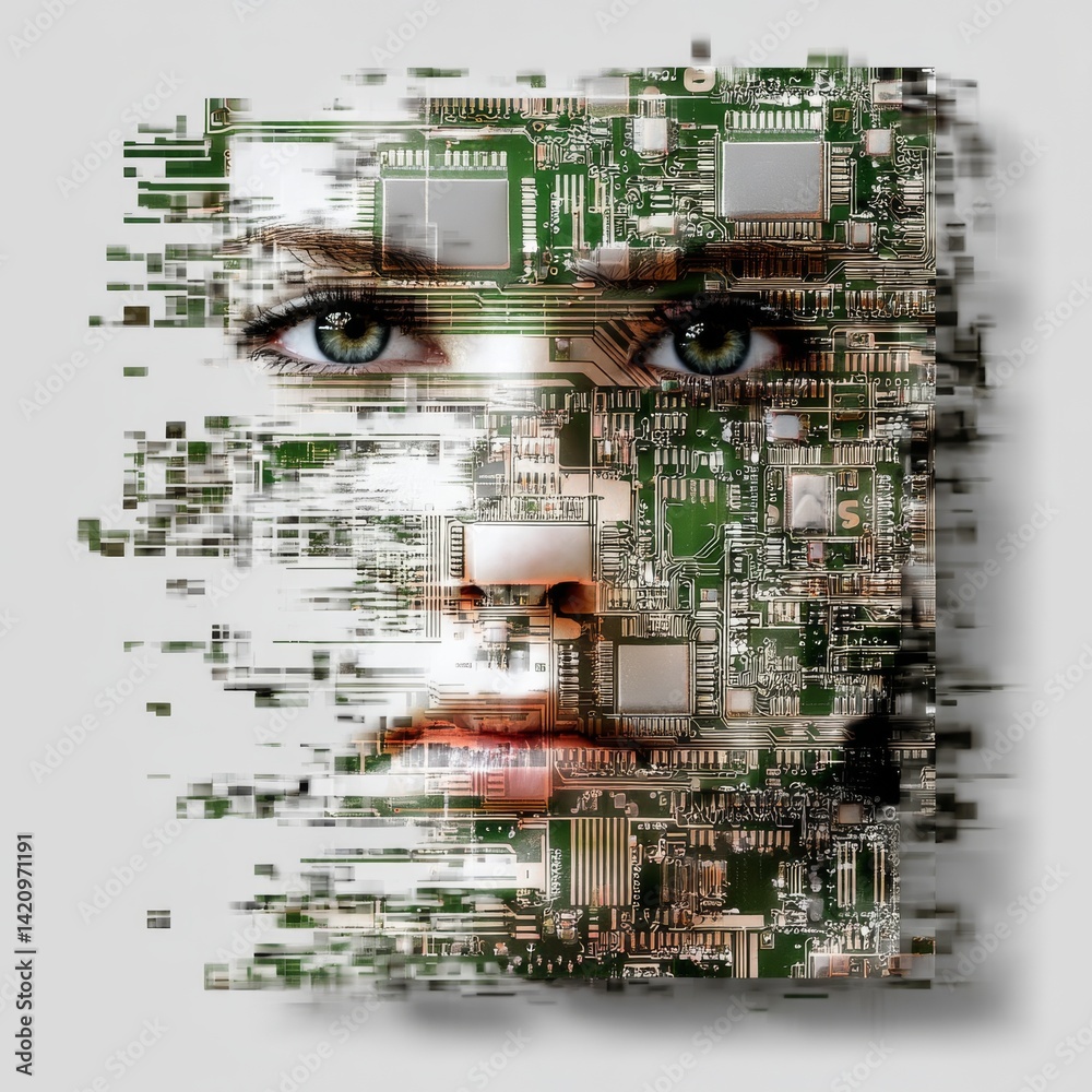 Fototapete Digital Identity: A Fusion of Human Form and Circuit Board Technology in a Modern Artistic Rendering.