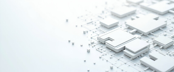 Assemble overlapping circuit fragments on airy white base preserving negative space for an ultra modern tiling effect concept as Indicate subtle high tech hints with layered nodes delivering a polishe