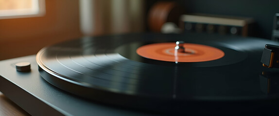 Obraz premium Spinning Record Player: Vintage Vinyl Turntable & Retro Music Aesthetic in Nostalgic Setting - Perfect for Photo Stock with Empty Space for Text