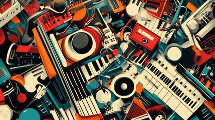 Fototapeta premium Colorful abstract artwork showcasing various musical instruments and audio equipment