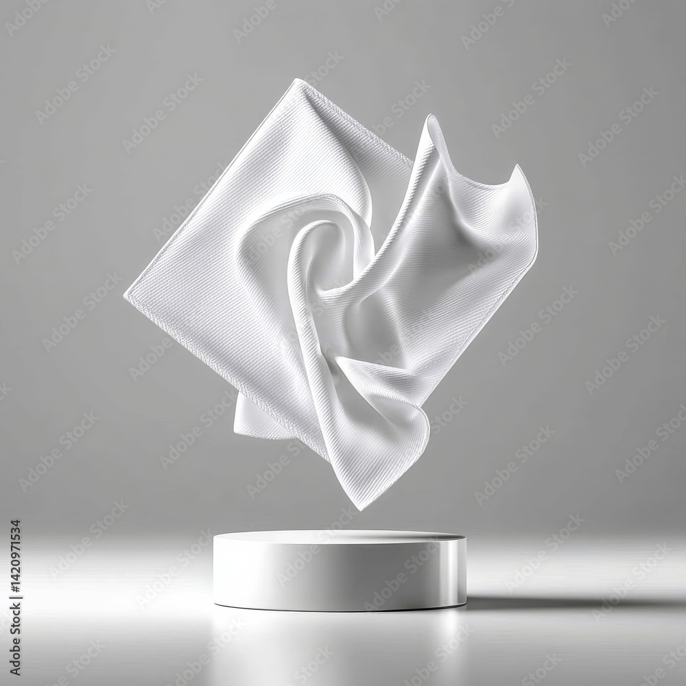Poster elegant white fabric drape on a cylinder pedestal: a study in minimalism and motion capture in studi