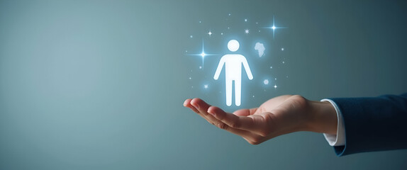 Hand Showcasing Holographic Growth Hormone Symbol in Minimalist Space: A Visual Concept of Stimulation and Growth in Photo Stock