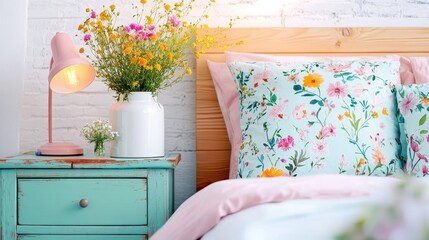 Close-up of floral-patterned bedding and chipped-paint nightstand with pastel lamp in vintage chic room 