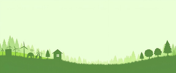 Obraz premium Green Energy Icons and Forest Silhouette Border Frame with Copy Space for World Environment Day - Sustainable Living Concept with Empty Space on the Left Side