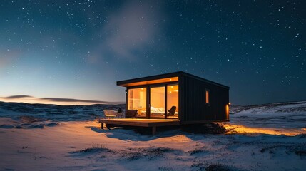 Starlit Cabin: Modern Minimalist Design Under a Night Sky