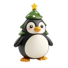 Fototapeta premium Cute penguin wearing a Christmas tree hat for the holidays festive winter animal character