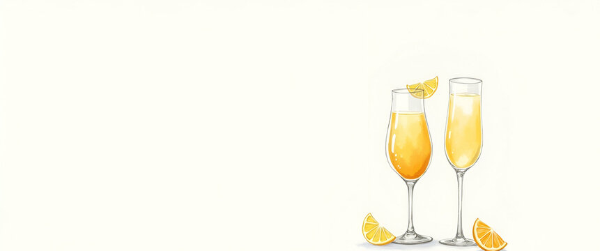 Mimosa Glass with Orange Juice and Champagne - Watercolor Clipart for Nursery Art, Showcasing Festive Drink Presentation with Elegant Design and Space for Customization
