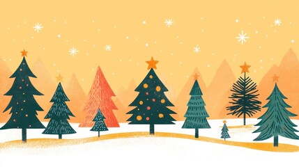 Festive christmas trees adorn a snowy landscape under falling snow