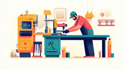Flat minimal concept of a worker hammering metal using a forging machine, soft shadows, white backdrop, simplified design 