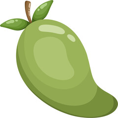 Green Mango Illustration: A vibrant green mango with a glossy finish, featuring a single leaf and stem, isolated on a white background. This illustration is perfect for showcasing tropical fruit.