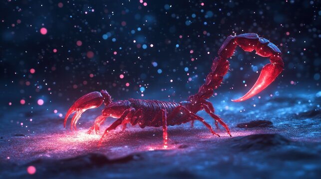 Glowing red scorpion on night sand, cosmic dust