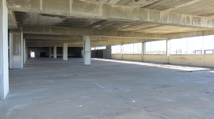 Empty warehouse, concrete floor, sunlit, rural background, redevelopment