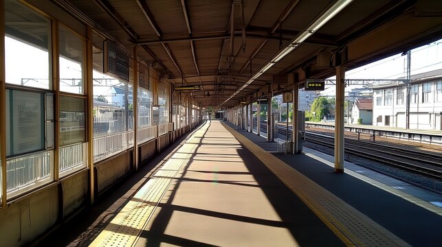 Empty train platform, sunlight, suburban station, Japan