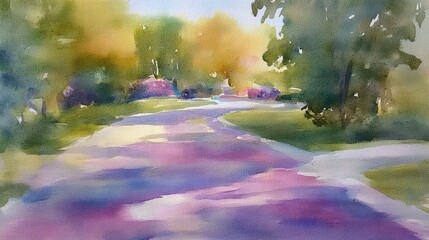 Sundrenched lane Purple shadows dance on a winding road amidst lush green trees