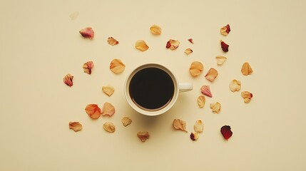 Obraz premium Coffee cup with scattered petals on beige, minimal flat lay. Serene simplicity in a quiet moment.
