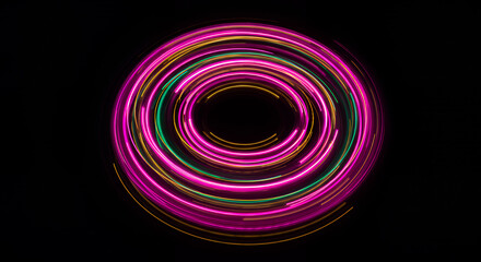 Abstract Neon Light Circles Swirling Pink Green Gold Circular Light Trails Energy Background