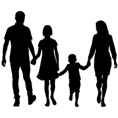 Black Silhouette Of Happy Family Father Mother Daughter And Son Walking