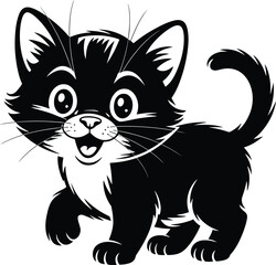 Smiling Minimalist Cat with Big Eyes and Curled Tail